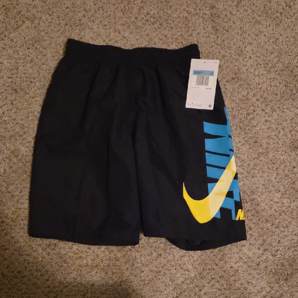 Youth Nike Black Swim Shorts with Yellow and Blue Logo, Size M